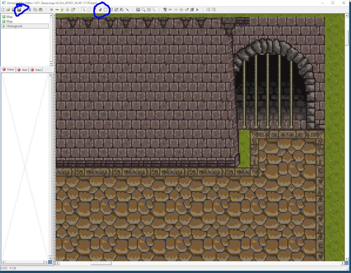 Weiterer Screenshot des Mapeditors mit Dungeon-Tiles und Werkzeugleiste.