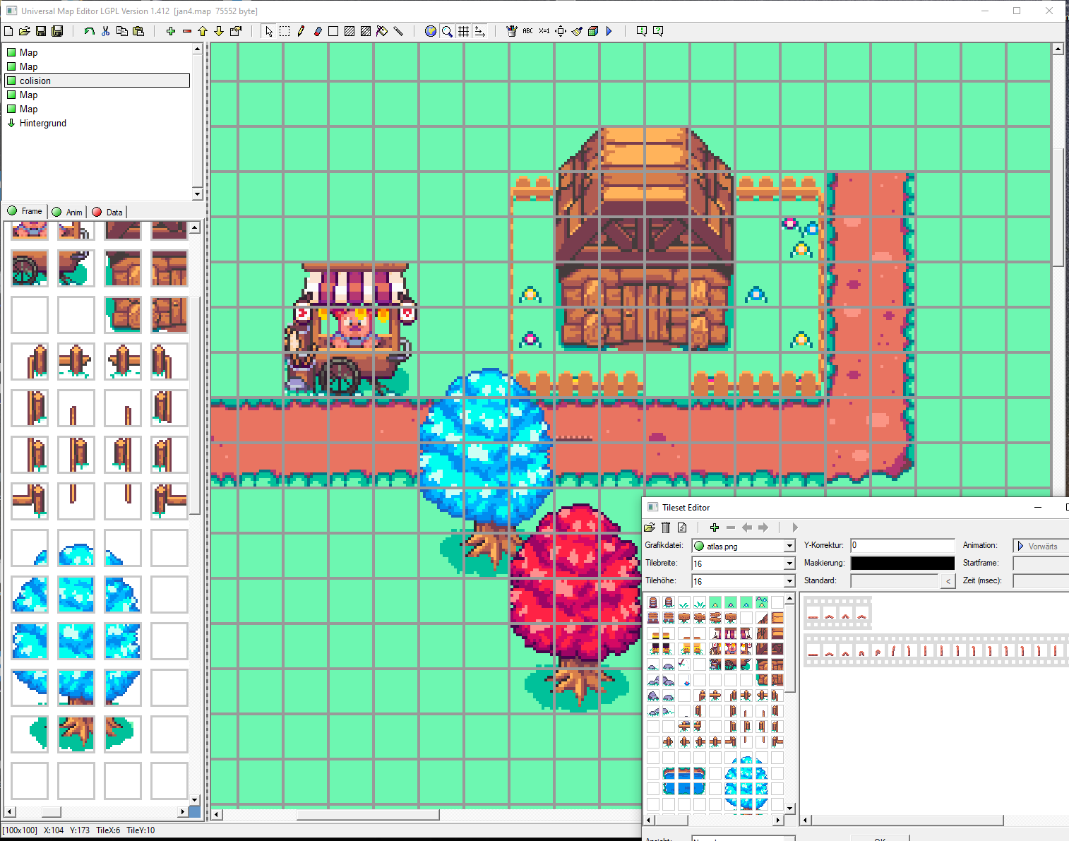 Screenshot des Mapeditors mit Kachelkarte, Layern und Tileset-Fenster.