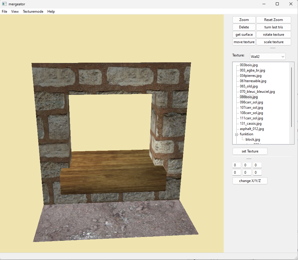 Screenshot des 3D-Editors mit texturiertem Mauersegment und seitlichem Texturpanel.
