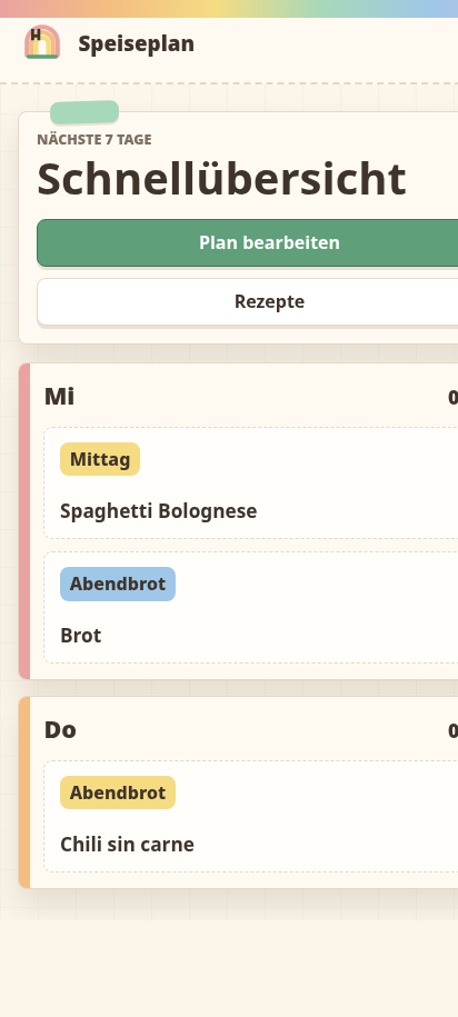 Mobile Schnellübersicht des Speiseplan-Projekts mit Wochenansicht.