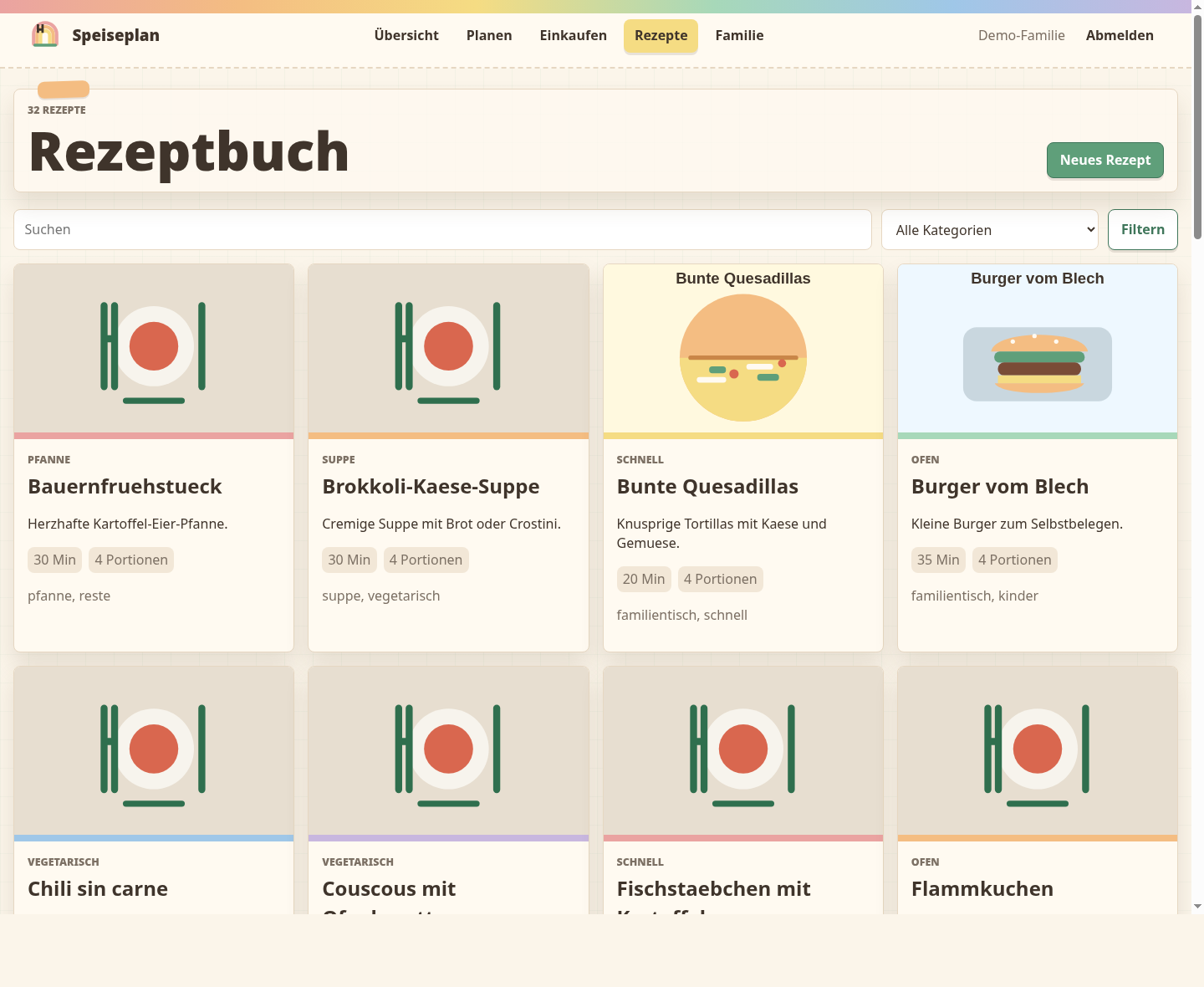 Desktop-Ansicht des Rezeptbuchs im Speiseplan-Projekt.