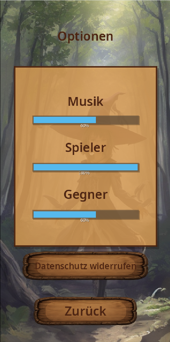 Optionsmenü von Spellhex Trail mit Lautstärkereglern und Datenschutz-Button.
